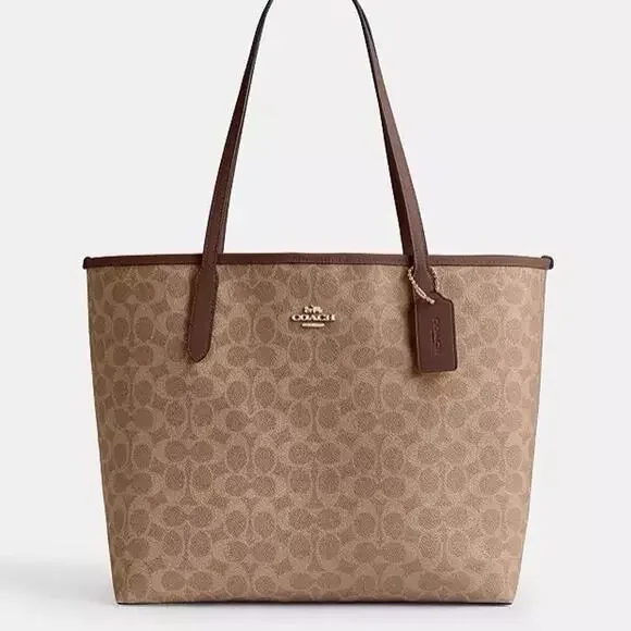 NWT COACH 🔥City Tote In Signature Canvas Gold/Tan/Brown CV976 - Picture 7 of 10